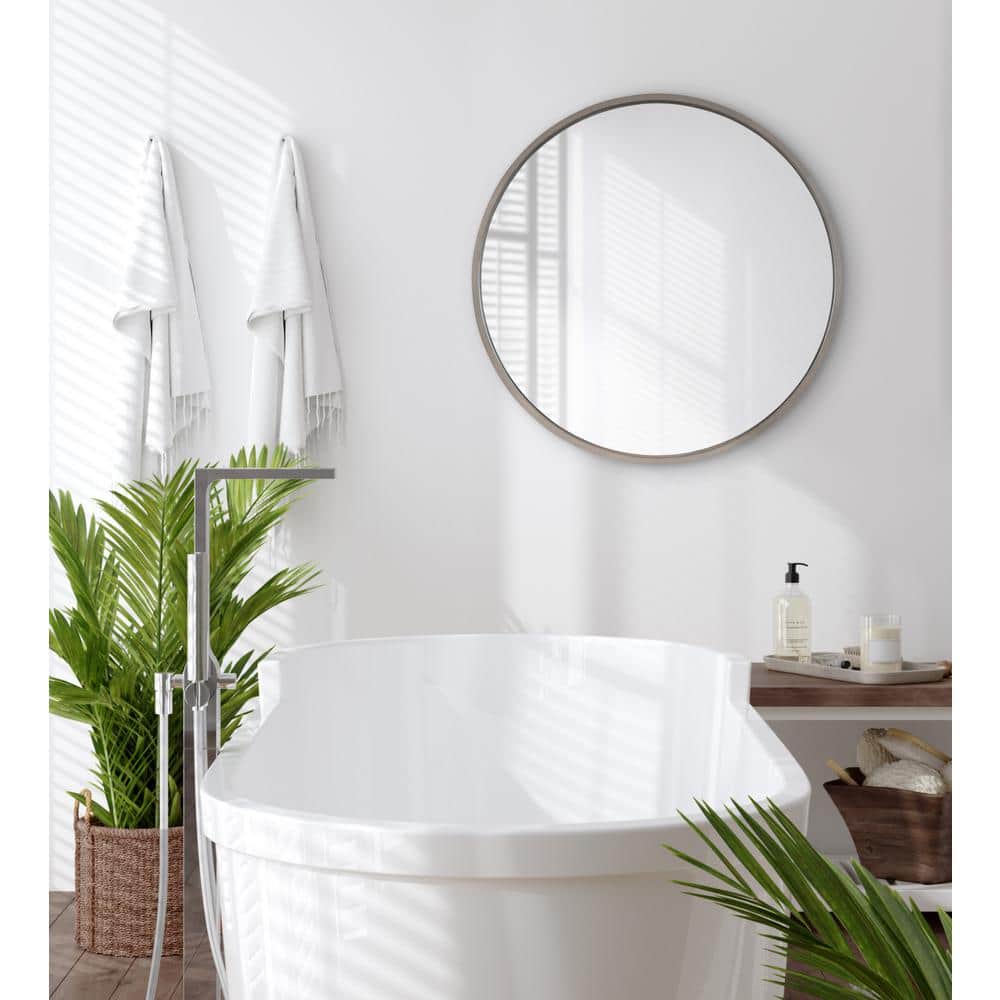 Graywash Poplar Wood Round Wall Mirror, 28 Inch