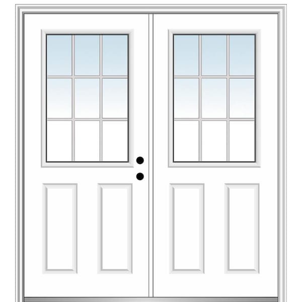 MMI Door 64 in. x 80 in. White Internal Grilles Left-Hand Inswing 1/2-Lite Clear Painted Fiberglass Smooth Prehung Front Door