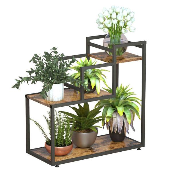 AULEDIO 30.7 in. x 13.7 in. x 30 in. Indoor Black Metal and Antique Wood Plant Stand 6 Potted Plant Shelf Display Holder 3-Tier