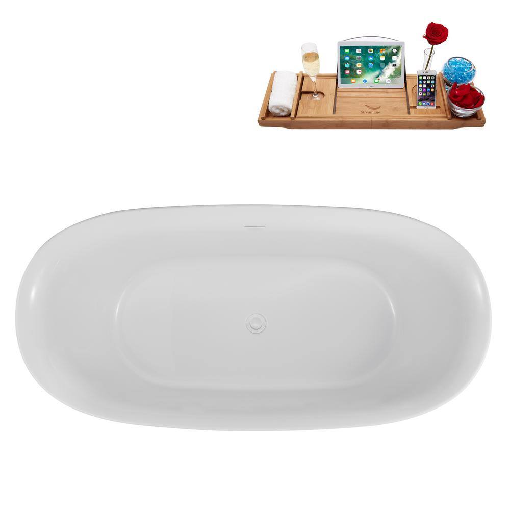 59" Glossy White Acrylic Freestanding Soaking Tub with Tray