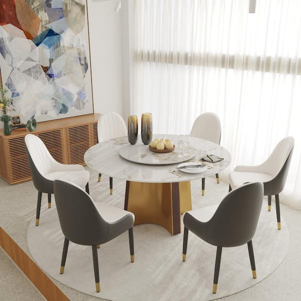J&E Home Pandora Marble Stone Top 53.15 in. Pedestal Dining Table Seats 6 with lazy Susan