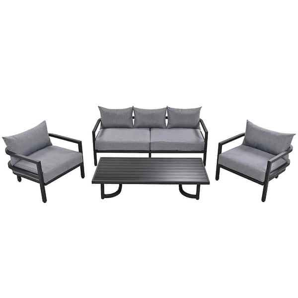 Clihome 4-Piece Metal Patio Conversation Set with Thickened Gray Cushions