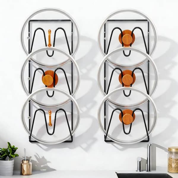 2 Pack Rust-Resistant Black 6-Tier Wall/Cabinet Mount Pot Lid Rack, No Drilling Adhesive for Kitchen Storage