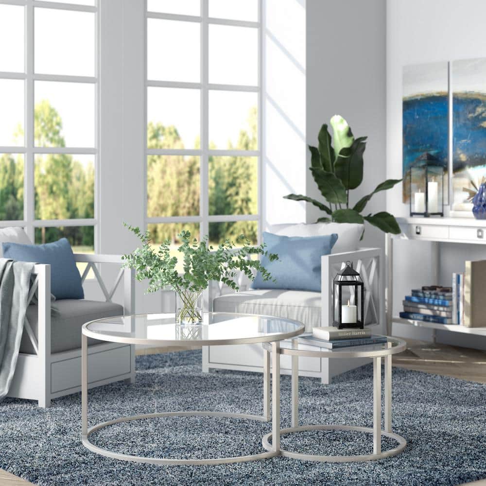 Satin Nickel Round Nested Glass Coffee Table Set, 35"