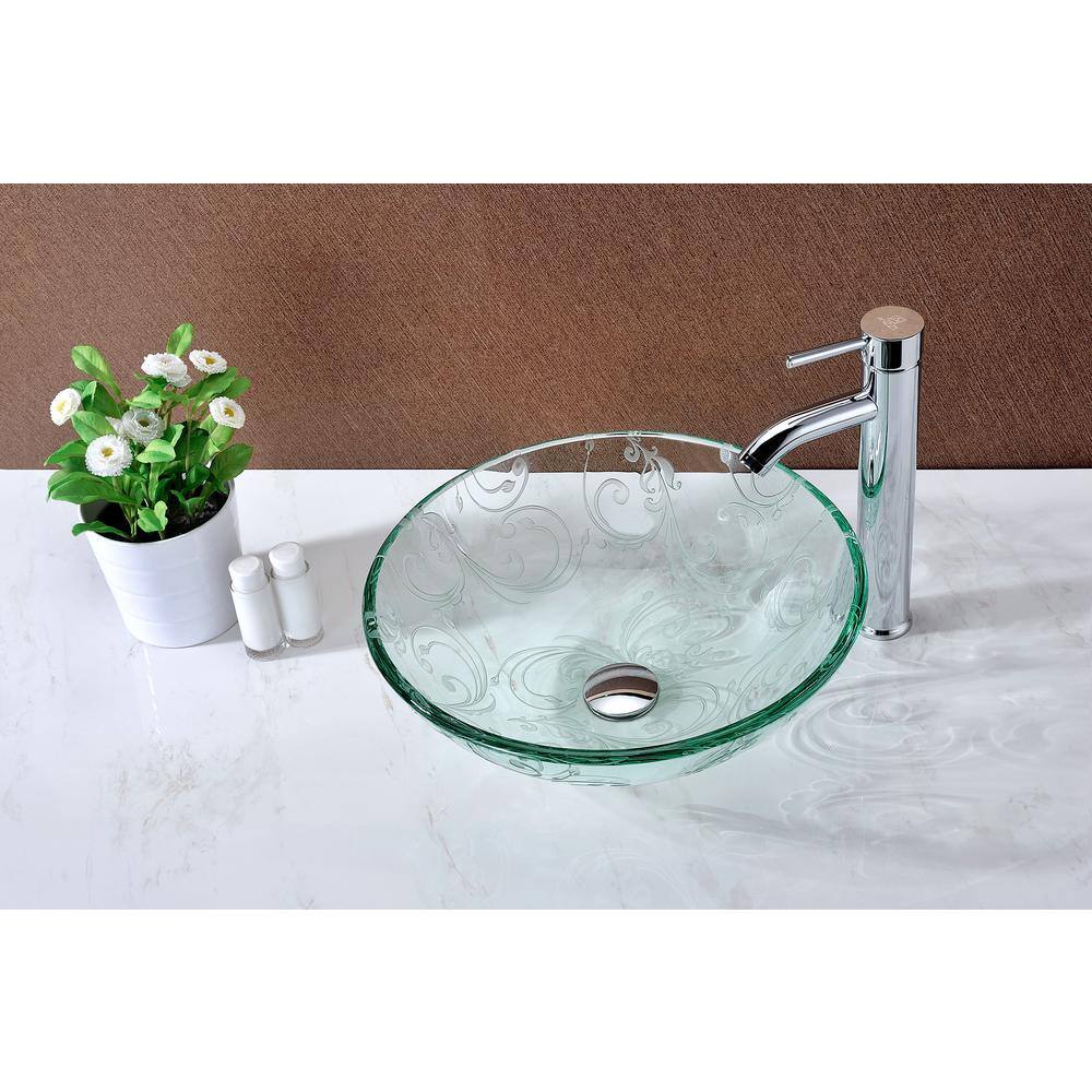 Vieno 16.5'' Clear Floral Etched Glass Vessel Sink