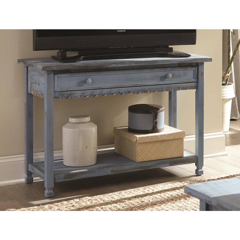 Country Cottage Antique Blue Media Console with Storage Shelf