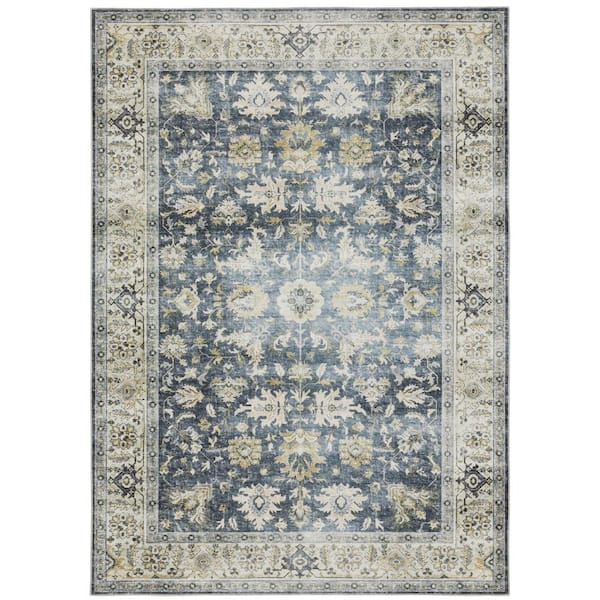 Cascade Blue 8 ft. x 10 ft. Distressed Oriental Persian Polyester Machine Washable Indoor Area Rug