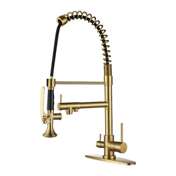 WOWOW Double-Handles Pull Down Sprayer Kitchen Faucet with Drinking Water for 1 or 3 Hole in Solid Brass in Brushed Gold