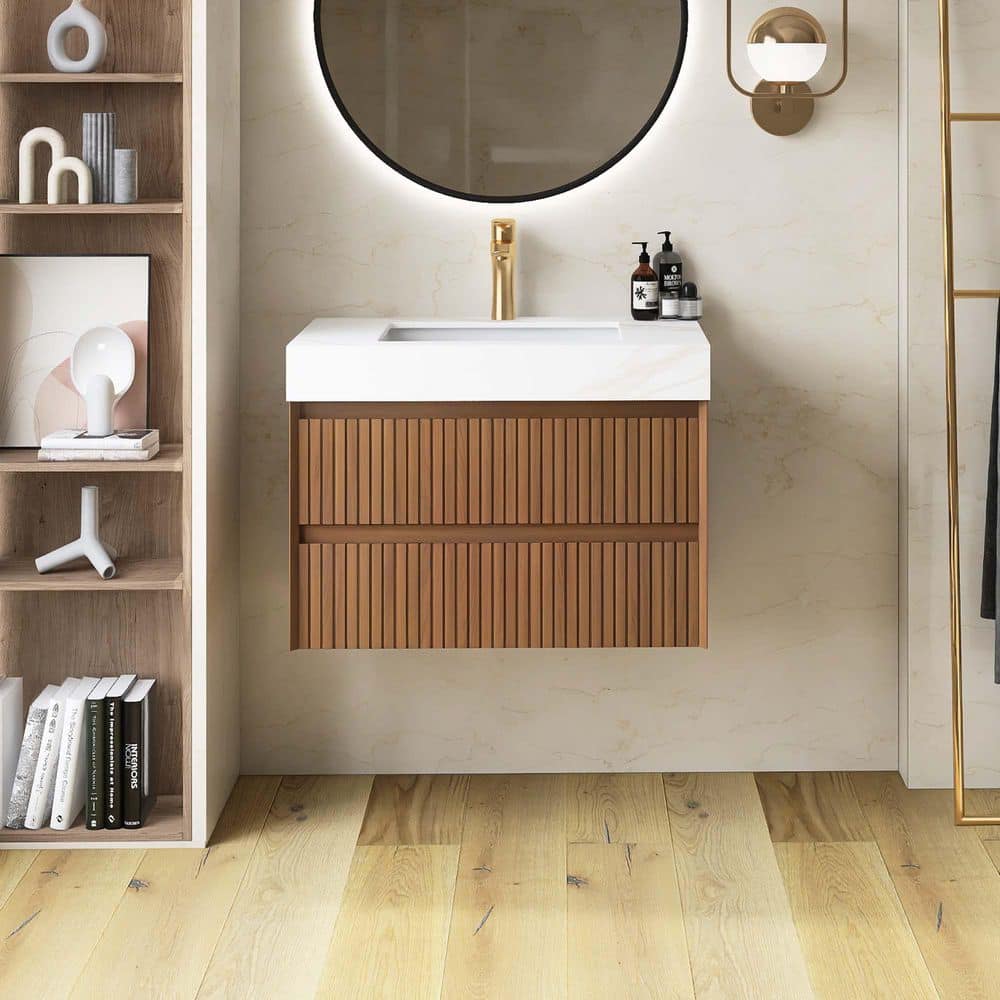 30 in. Wall-Mounted Single Sink Brown Oak Bath Vanity with White Sintered Stone Top and Ceramic Basin price history on PriceWatchPro