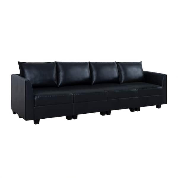 MAYKOOSH Contemporary 1-Piece Black Air Leather 4-Seater Upholstered ...