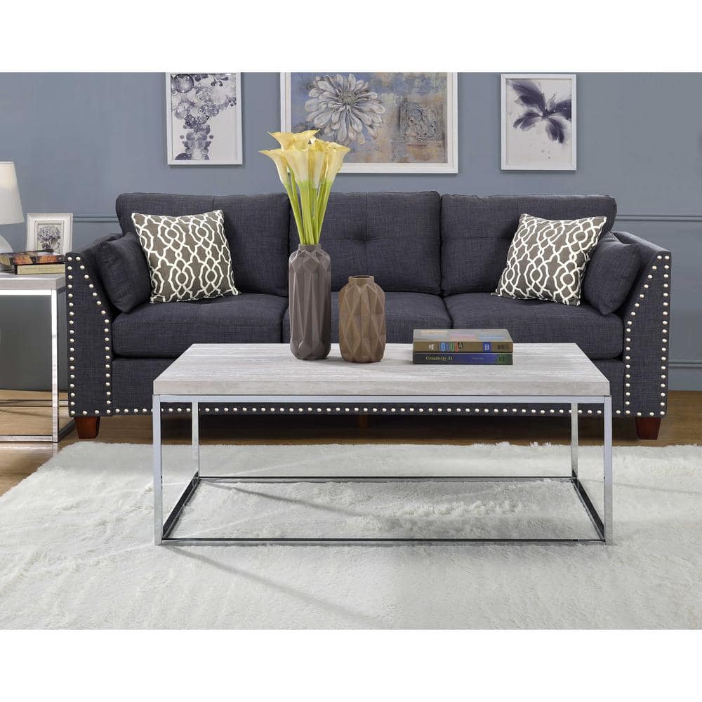 Modern Chrome and White Rectangular Coffee Table with Storage