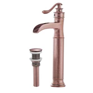 Waterfall Single Hole Single-Handle Vessel Bathroom Faucet With Pop-up Drain Assembly in Copper