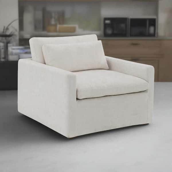 Benjara Rick Ivory White Fabric Accent Chair with Swivel