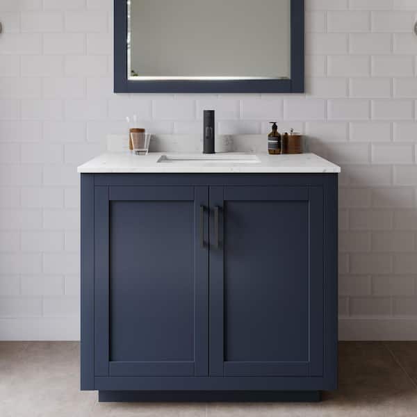 Wyndham Collection Miranda 36 in. W Single Bath Vanity in Dark Blue w/Cultured Marble Vanity Top in LV Carrara with White Basin and Mirror