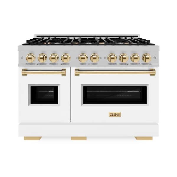 ZLINE Kitchen and Bath Autograph 48 in. Classic Double Oven Gas Range with 8 Burners in Satin Steel with White Doors and Gold Accents