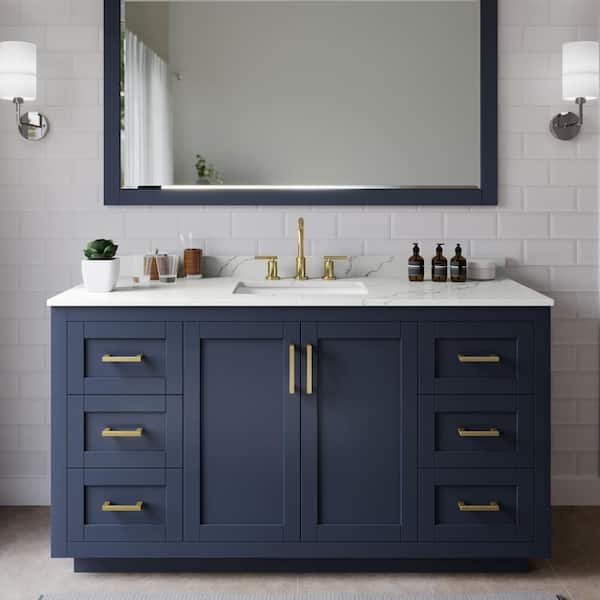 Wyndham Collection Miranda 60 in. W x 22 in. D x 33.75 in. H Single Bath Vanity in Dark Blue with Giotto Quartz Top and 58 in. Mirror