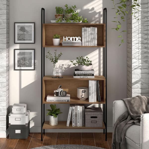 Furniture of America Harvey 66.75 in. Tall Distressed Oak Composite Accent Bookcase with 5-Shelves