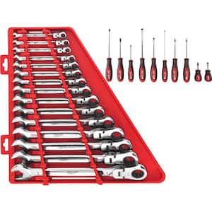 144-Position Flex-Head Ratcheting Combination Wrench Set SAE with Screwdriver Set (25-Piece)