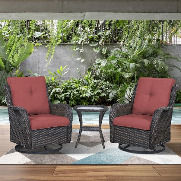 Gymojoy Carolina Brown 3-Pieces Wicker Patio Conversation Deep Seating Set with CushionGuard Red Cushions