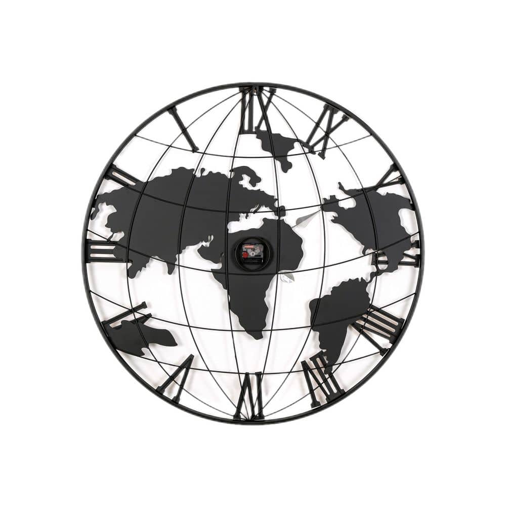 36 in. Black Round Metal Wall Clock Modern Silent World Map Wall Clock with