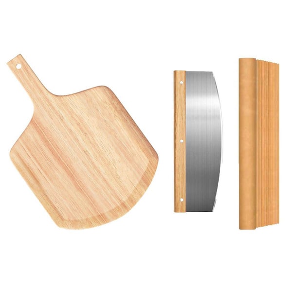 OAK Finish 4-Piece Round Pizza Stone Set with Peel, 12 Inch for Oven and Grill Baking