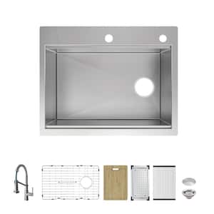 Professional Zero Radius 27 in Drop-In Single Bowl 16 G Stainless Steel Workstation Kitchen Sink with Spring Neck Faucet