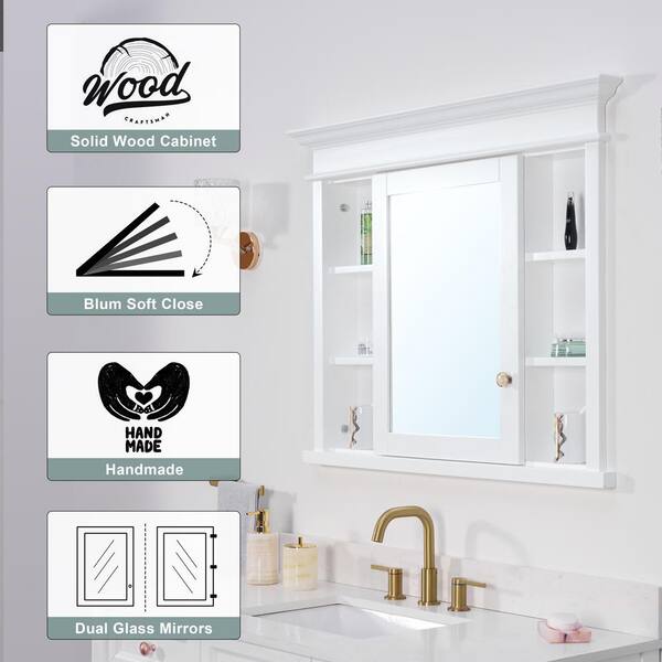 Forclover 40-in x 32-in Recessed Mount White Mirrored Soft Close Medicine Cabinet