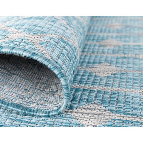 Aqua Blue/Gray Tribal Trellis Outdoor 6 ft. x 9 ft. Area Rug