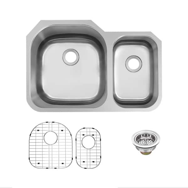 CHESHIRE 32 in. Undermount 70/30 Double Bowl 18 Gauge Stainless Steel Kitchen Sink with Bottom Grids