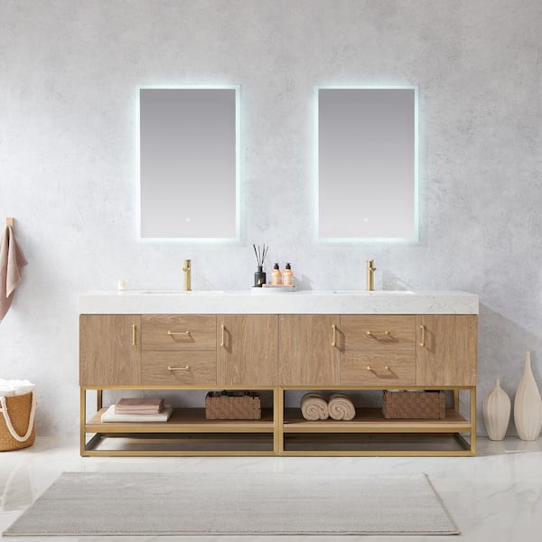 Alistair 84 in. W x 22 in. D x 34 in. H Double Sink Bath Vanity in N.America Oak with WH Composite Stone Top and Mirror