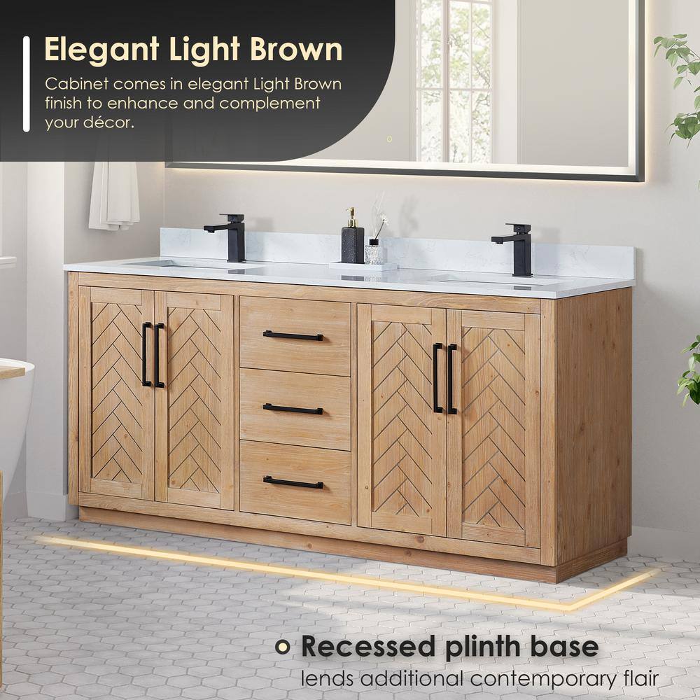 Anais 72" Light Brown Fir Wood Vanity with White Stone Top and Mirror