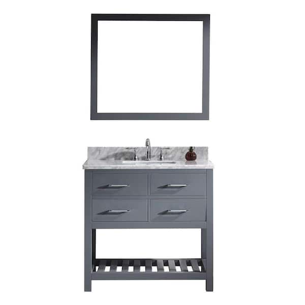 Virtu USA Caroline Estate 36 in. W x 22 in. D x 34 in. H Single Sink Bath Vanity in Gray with Marble Top and Mirror
