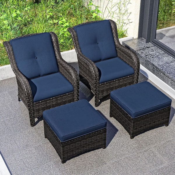 4-Piece Wicker Outdoor Patio Conversation Set with Blue Cushions and Ottoman