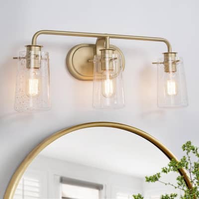 Modern Gold Bathroom Vanity Light, Quinn 22.5 in. 3-Light Farmhouse Brass Gold Wall Sconce with Seeded Glass Shades