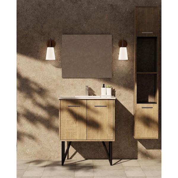 Lancy 30 in W x 20 in D Rustic Acacia Bath Vanity, White Quartz Top and Gun Metal Faucet Set