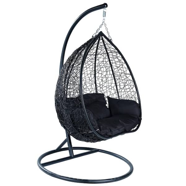 Hanging Metal Porch Swing Chair in Black Stainless Steel Frame with Cushions Recluse Collection in Black