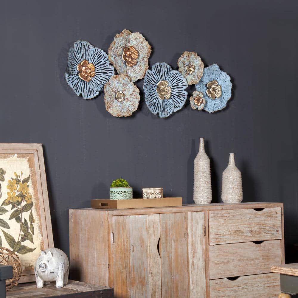 Distressed Blue and Gold Floral Iron Wall Sculpture