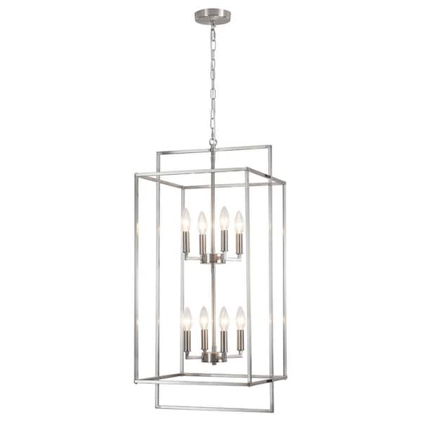 ADSENSTY 8-Light Sand Nickel Modern Geometric Rectangle Lantern Tiered Hanging Ceiling Chandelier for Living Room
