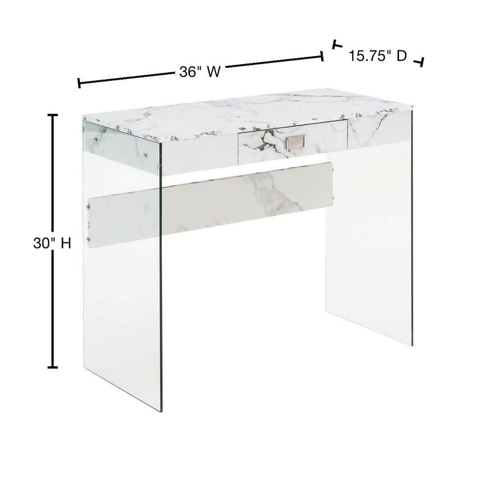 White Faux Marble and Glass Desk with Drawer, 36-inch