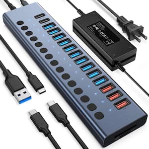 17-Port Powered USB 3.2-Hub with 10Gbps Data Transfer, 3-QC 24W Fast Charging Ports, 2-USB-C Ports, SD/TF Card Reader
