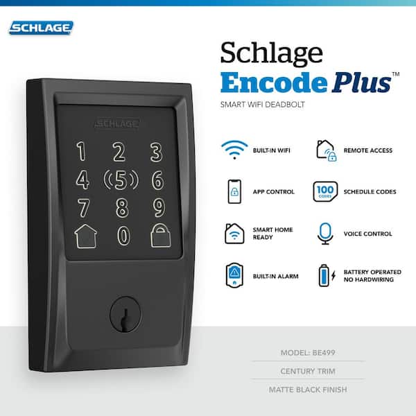 Schlage Century Matte Black Electronic Encode Plus Smart WiFi Deadbolt with  Alarm BE499WB V CEN 622 The Home Depot