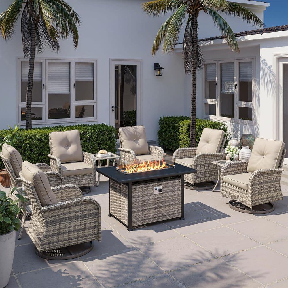 10-Piece Wicker Swivel Patio Conversation Set with 55,000-BTU Fire Pit Table and Side Tables with Beige Cushions price history on PriceWatchPro