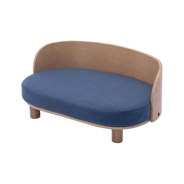 maocao hoom Small Size Dark Blue Solid Wood Dog Bed With Solid Wood legs and Bent Wood Back, Velvet Cushion