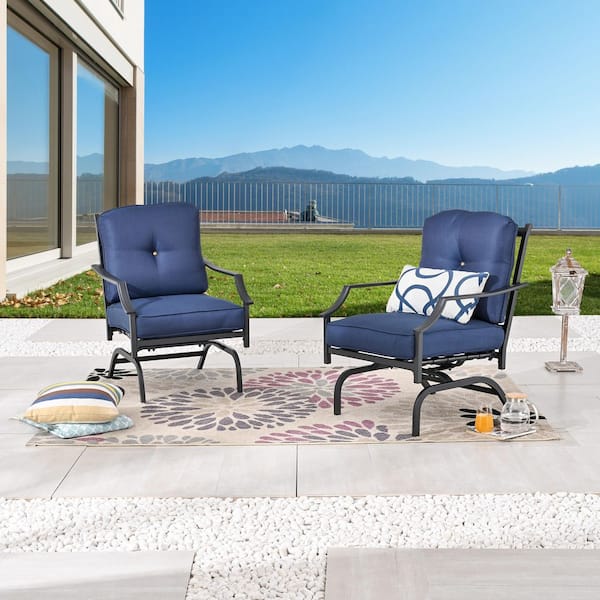 TOP HOME SPACE 2-Piece Metal Outdoor Rocking Chairs Set with Blue Cushions