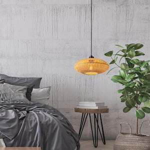 1-Light Matte Black Shaded Pendant Light with Blonde Bamboo Shade