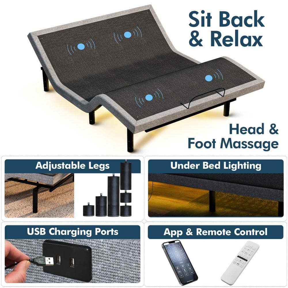 Renanim Adjustable Bed Frame with 12" Mattress, Dual Massage, Zero Gravity, 5 Minutes Installation, USB Ports, App control Queen - Medium