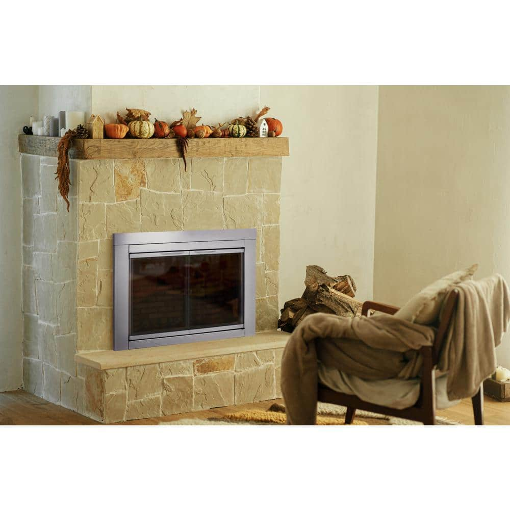 Pleasant Hearth Alpine Small Skyline Nickel Glass Fireplace Doors AN ...