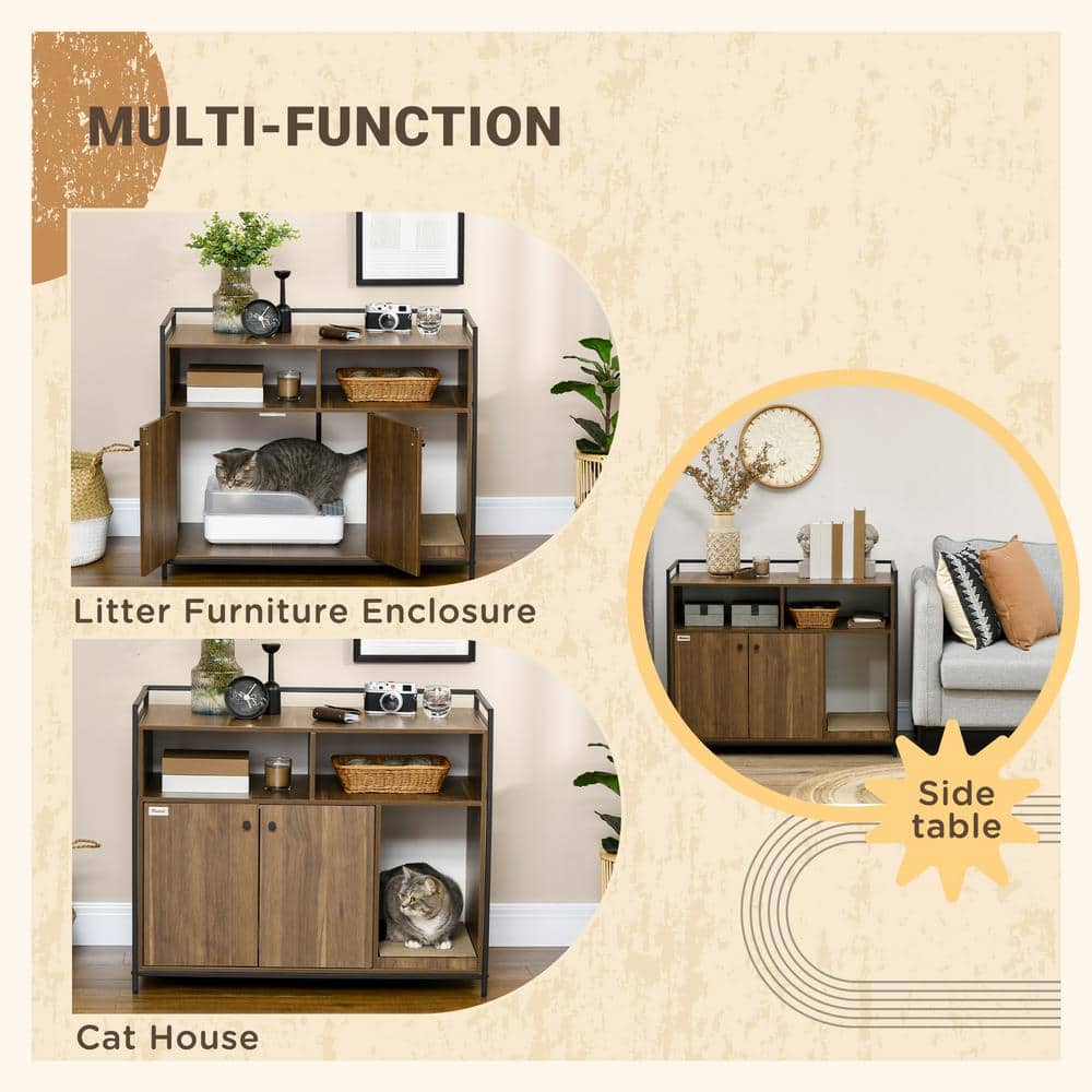 Brown Wood and Metal Freestanding Cat Litter Box Enclosure