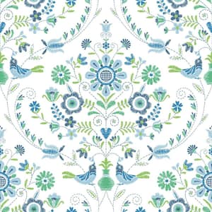 Britt Blue Sapphire Embroidered Damask Wallpaper Sample