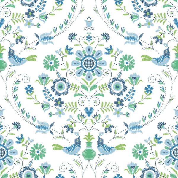 A-Street Prints Britt Blue Sapphire Embroidered Damask Wallpaper Sample